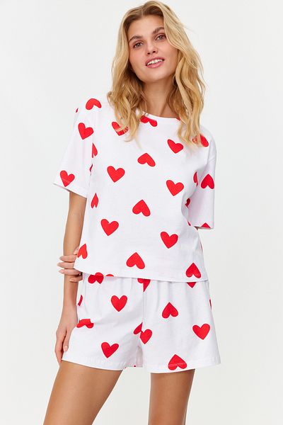 Trendyol Collection Fehér 100% pamut Sweetheart kötött pizsama szett rövidnadrággal THMSS24PT00029
