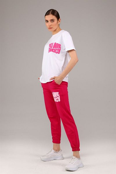 TF The Fancy For You Fancy Women's Elastic Waist Embossed Print Detailed T-Shirt Trousers Double Set