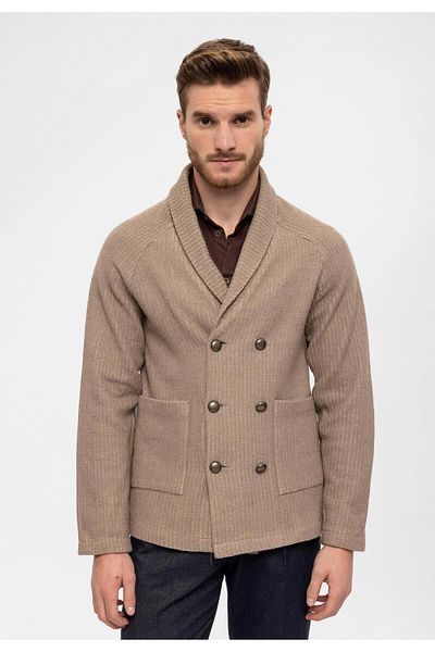 Antioch Beige Men's Cardigan - Shawl Collar and Double Breasted Closure