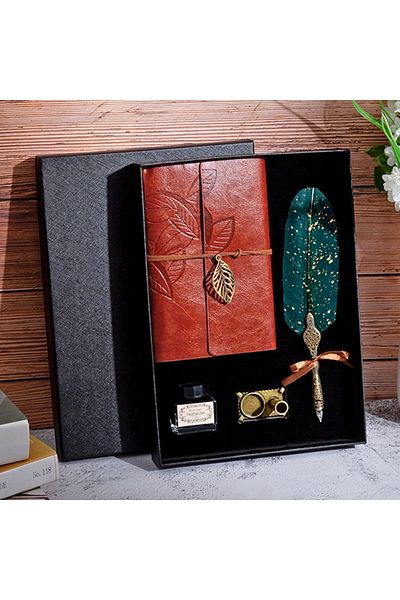 OEM Calligraphy Set, Vintage, with Diary and Green Feather, refined design and attention to details