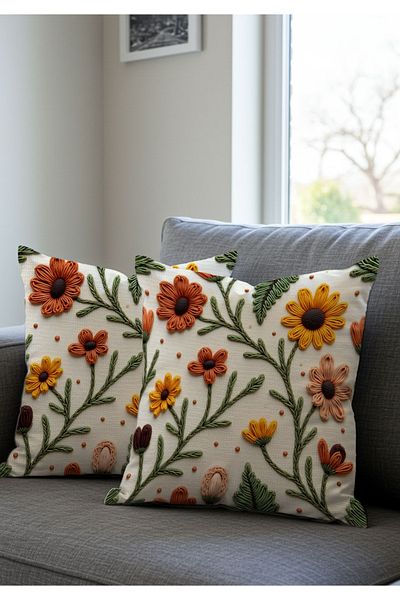 Punch Embroidery Pattern Digital Printed Yellow Orange Autumn Themed 2-Piece Throw Pillow Cover