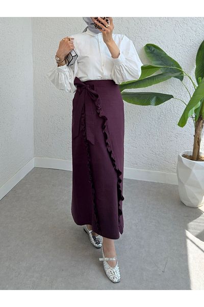 Modamorfo Tie Waist Double Layer Slit Ruffle Skirt - Plum