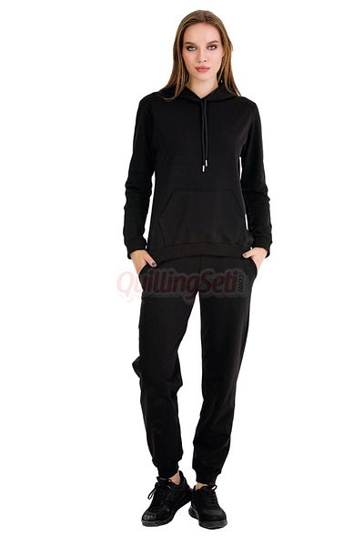 quilling Long Sleeve 22061 Women's Sports Tracksuit Set with Hood and Kangaroo Pocket Black Color