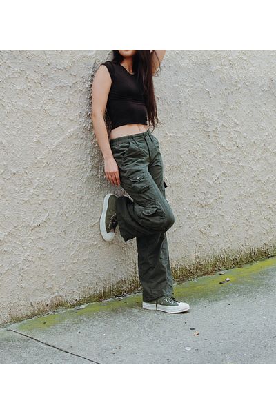 september island Dark Green Parachute Fabric Cargo Pants