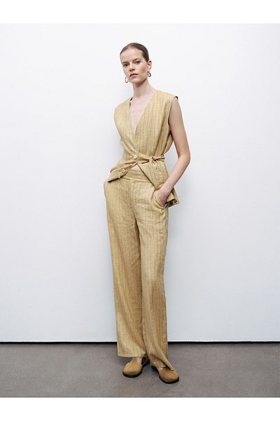 Nocturne Women's Comfortable Fit Stripe Patterned Wide Leg Yellow Trousers N25Yn3363-Variant