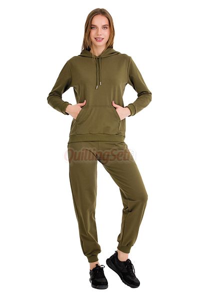 quilling Long Sleeve 22060 Women's Sports Tracksuit Set with Hood and Kangaroo Pocket Khaki Green Color