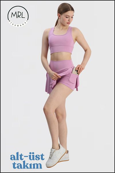 missmaral Women's Sports Suit Lilac Shorts Skirt and Pad Supported Crop Bra Suit Tennis Sea Pool Active Sports
