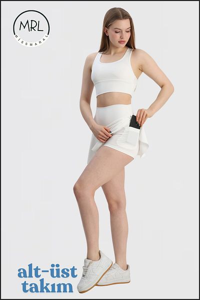 missmaral Women's Sports Suit Ecru Shorts Skirt and Pad Supported Crop Bra Suit Tennis Sea Pool Active Sports