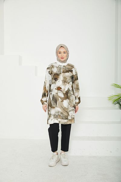 Armine TREND New Season Half Zipper Patterned Tunic with Elastic Sleeves 25Dsb438 Modaayka