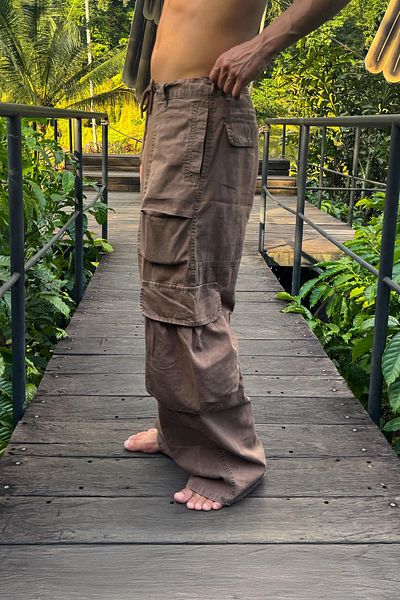 Flaw Wear Brown Cargo Pocket Trousers with Waist Laces