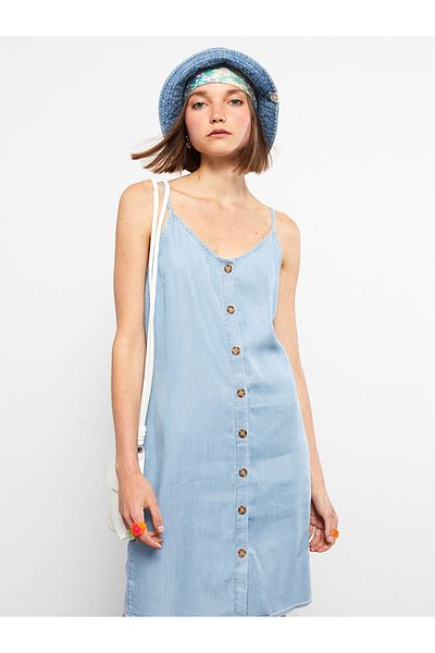 LC Waikiki Indigo Blue Heart Collar 100% Lyocell Straight Strap Women's Rodeo Jean Dress