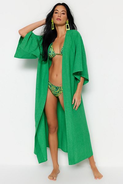 Trendyol Collection Green Belted Maxi Woven Linen Look Kimono & Kaftan TBESS23KM00058